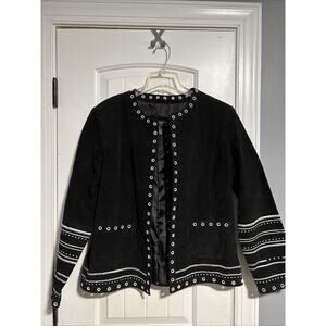Dialogue Women's Jacket Size M Black Suede Leather Embroidered w/Eyelet Detail